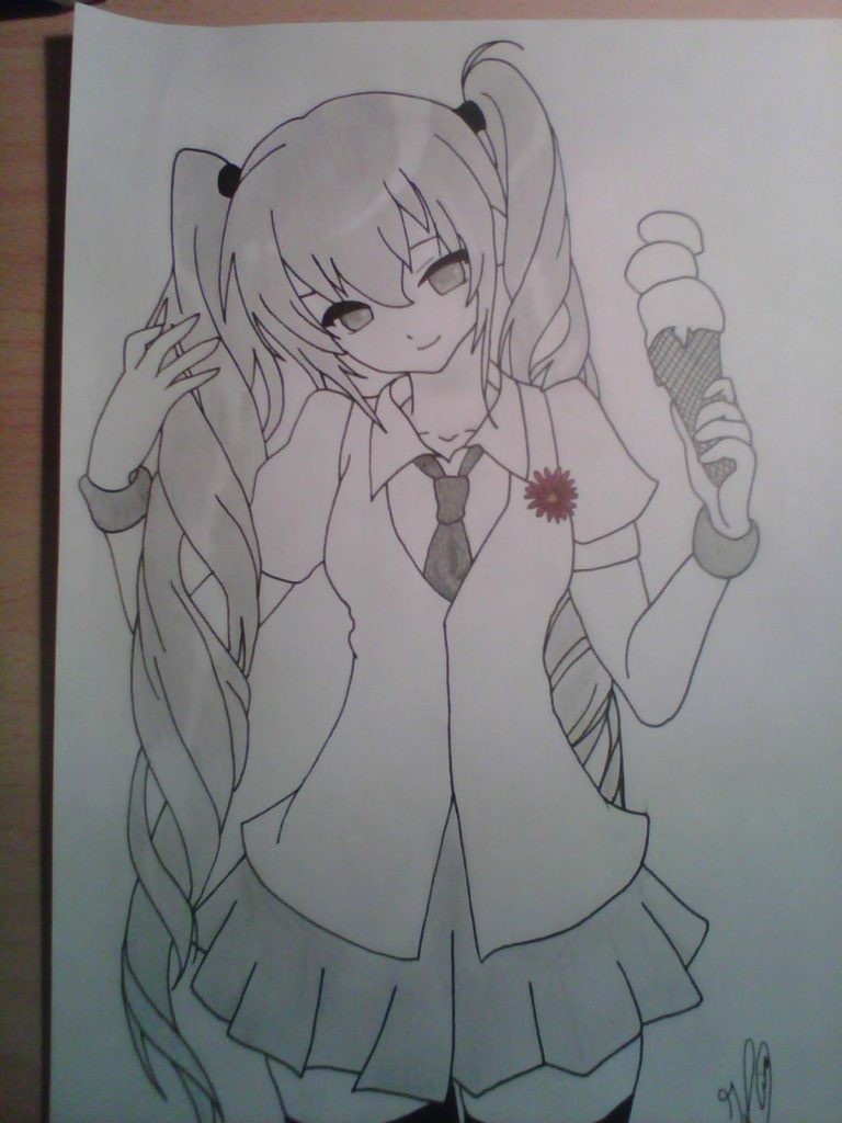 Ảnh anime chưa tô màu cô gái cầm que kem, nghiêng đầu thẹn thùng