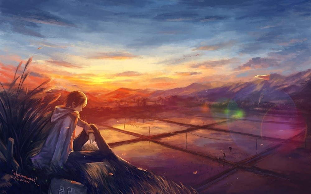 Ảnh anime hoàng hôn với màu cam đỏ