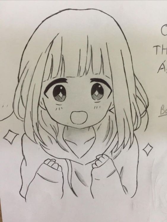 Ảnh anime tô màu cô bé phấn khích với biểu cảm mong chờ