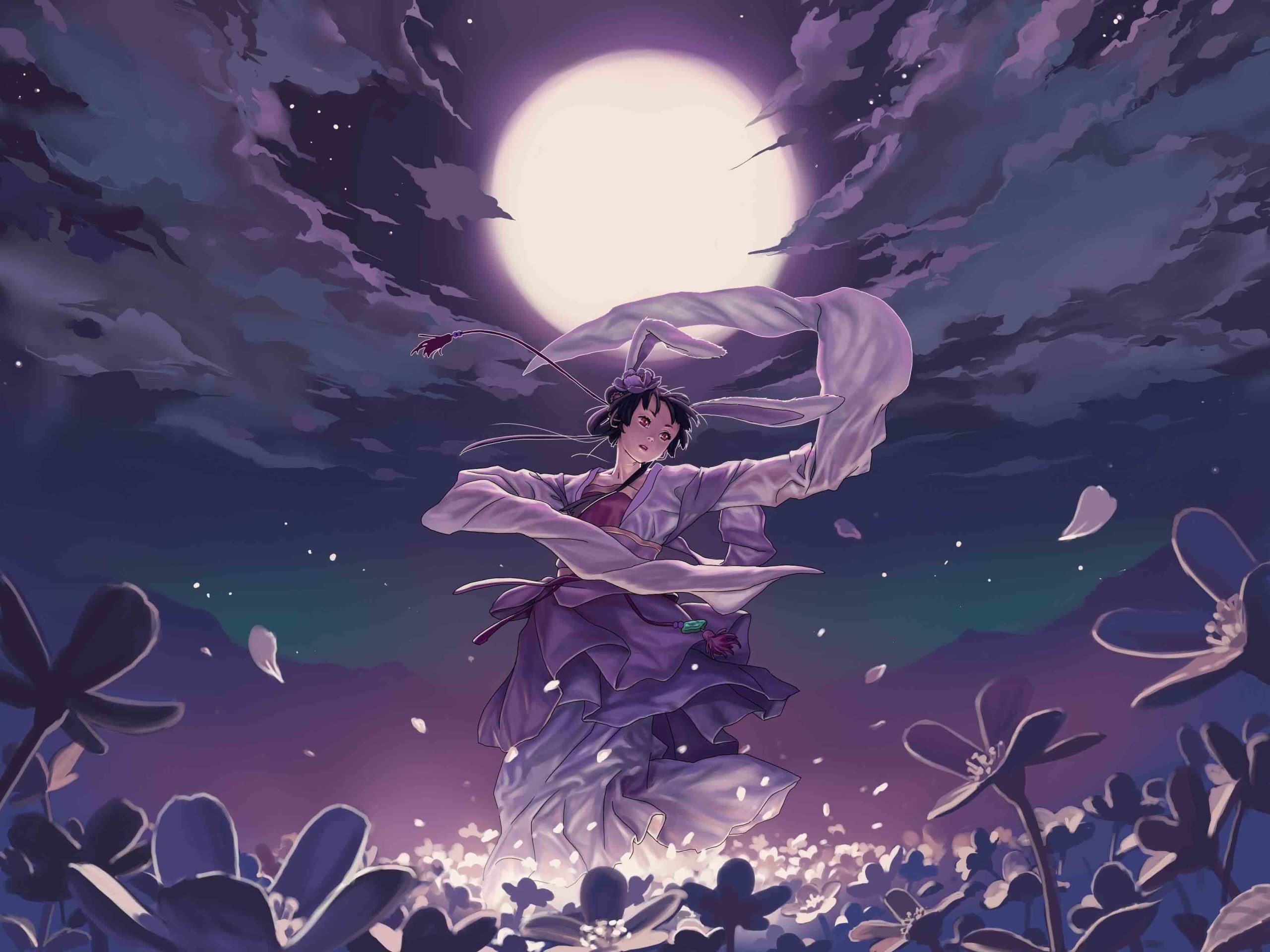 Ánh sáng của mặt trăng phủ lên cảnh vật trong bức ảnh anime, tạo nên vẻ đẹp huyền ảo