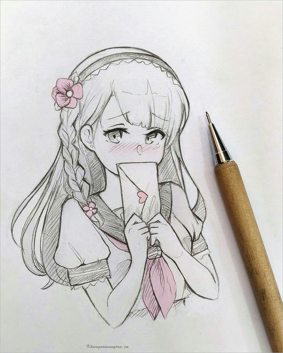 Ảnh tô màu anime cô gái ngại ngùng cầm lá thư tình