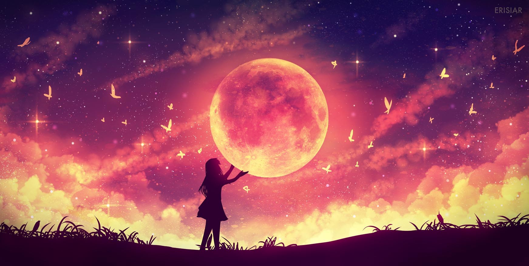 Ánh trăng tròn sáng rực phản chiếu xuống mặt hồ trong không gian anime yên bình