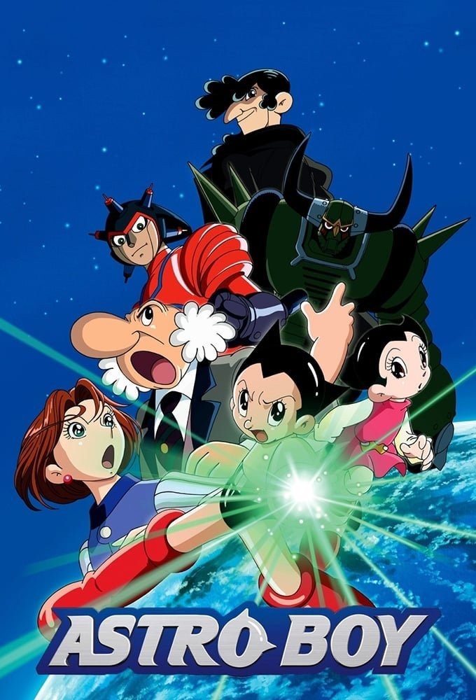Astro Boy đứng giữa thành phố tương lai, xung quanh là những tòa nhà cao tầng