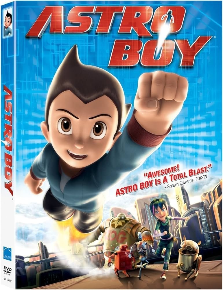 Astro Boy trong tư thế chiến đấu, tay nắm chặt và ánh mắt kiên quyết