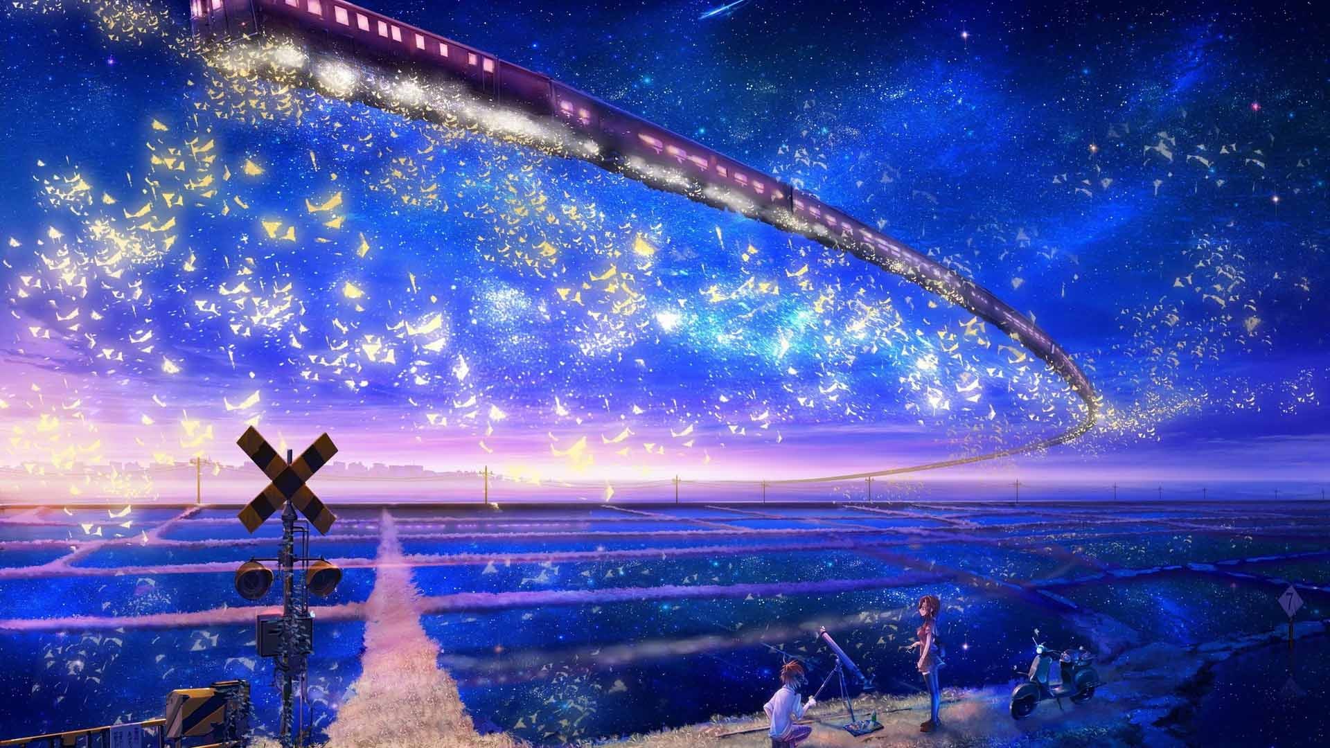 Bầu trời anime với sắc màu hoàng hôn