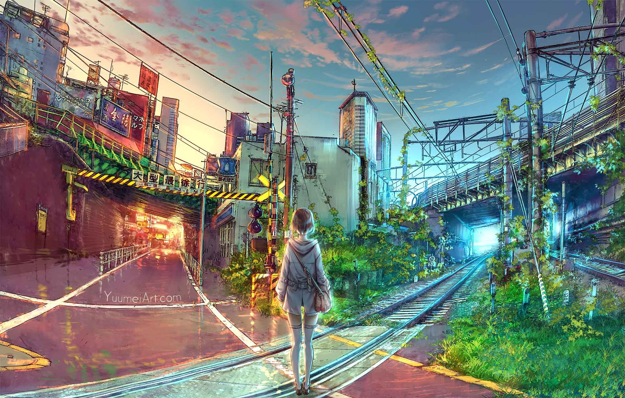 Buổi chiều tà trong thành phố anime với ánh nắng nhuộm vàng
