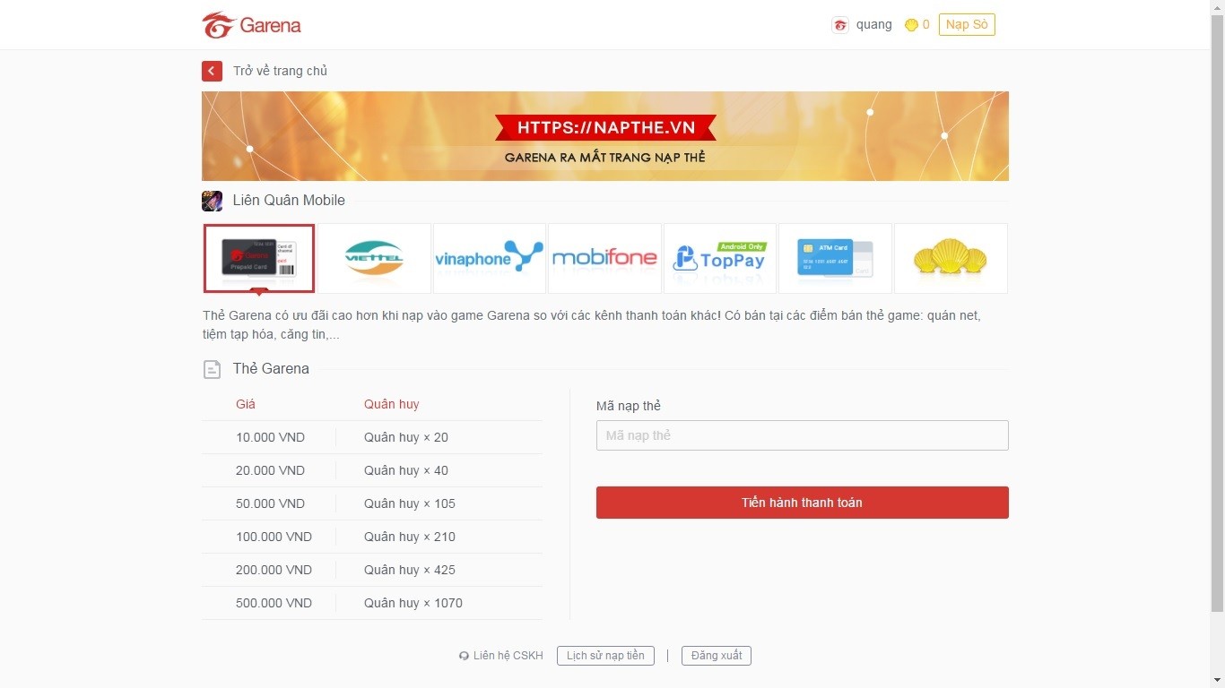 Cách nạp Quân Huy trong Liên Quân Mobile