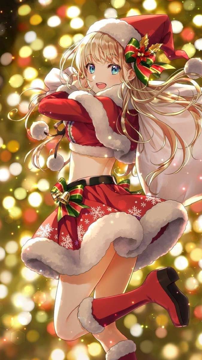 Cảnh nhân vật anime đứng giữa khung cảnh Giáng Sinh đầy sắc màu