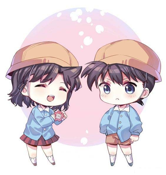 Cặp đôi anime cười tươi, ánh mắt lấp lánh niềm vui