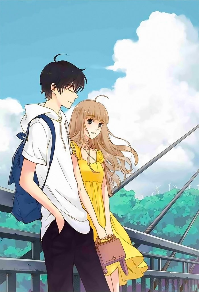 Cặp đôi anime đứng trên cầu, cười tươi khi nhìn vào mắt nhau