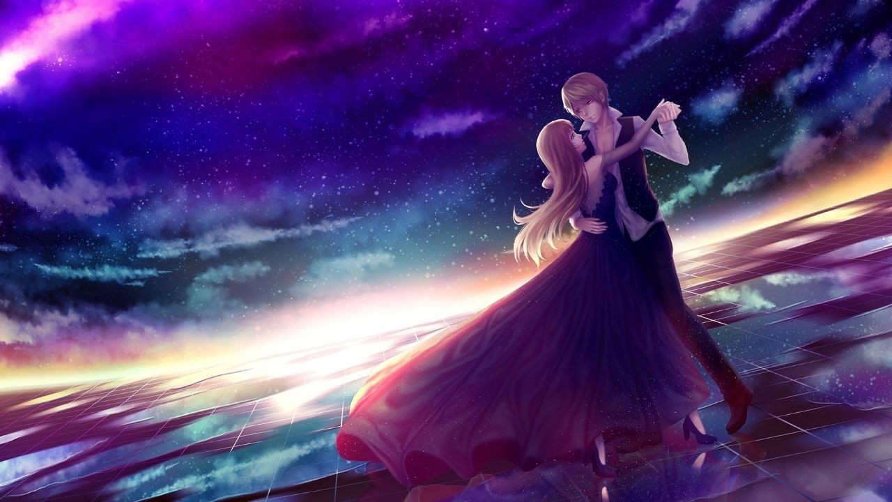 Cặp đôi anime yêu nhau tay trong tay, ánh mắt đầy cảm xúc