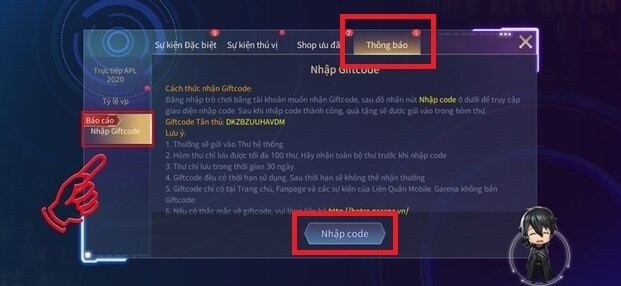 Chọn Nhập Giftcode và nhấn Nhập code
