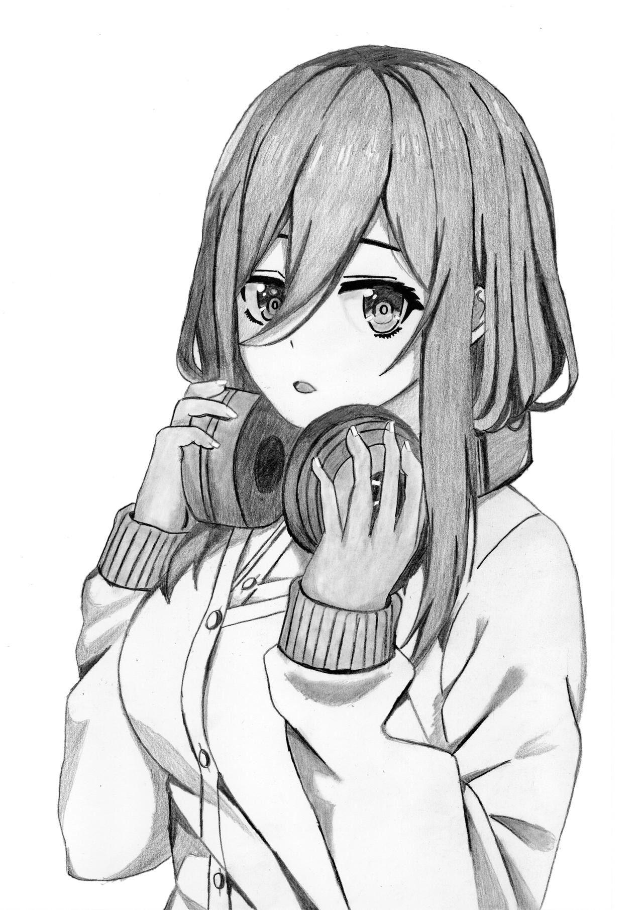 Cô gái anime cầm tai nghe liếc nhìn về bên cạnh