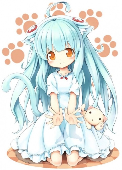 Cô gái chibi với chú thỏ bông