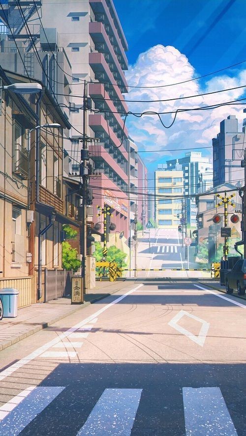 Đường phố anime nhộn nhịp với dòng người và xe cộ