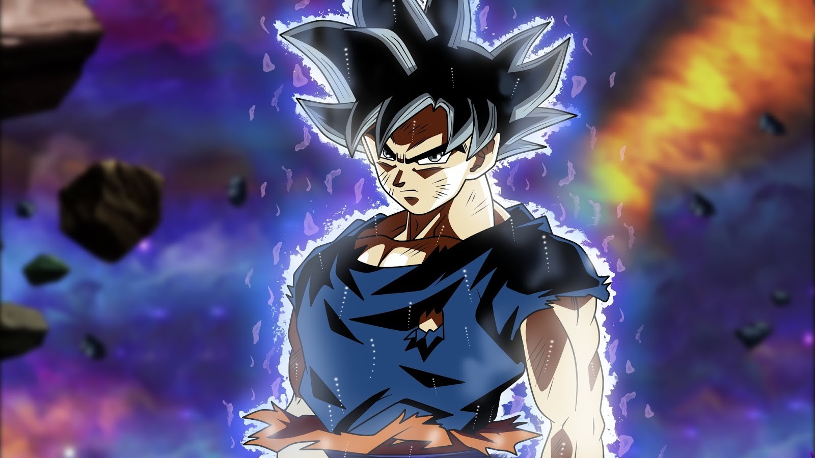 Goku mạnh mẽ, đứng vững và đầy sự tự tin, ánh mắt thể hiện quyết tâm không thể lay chuyển