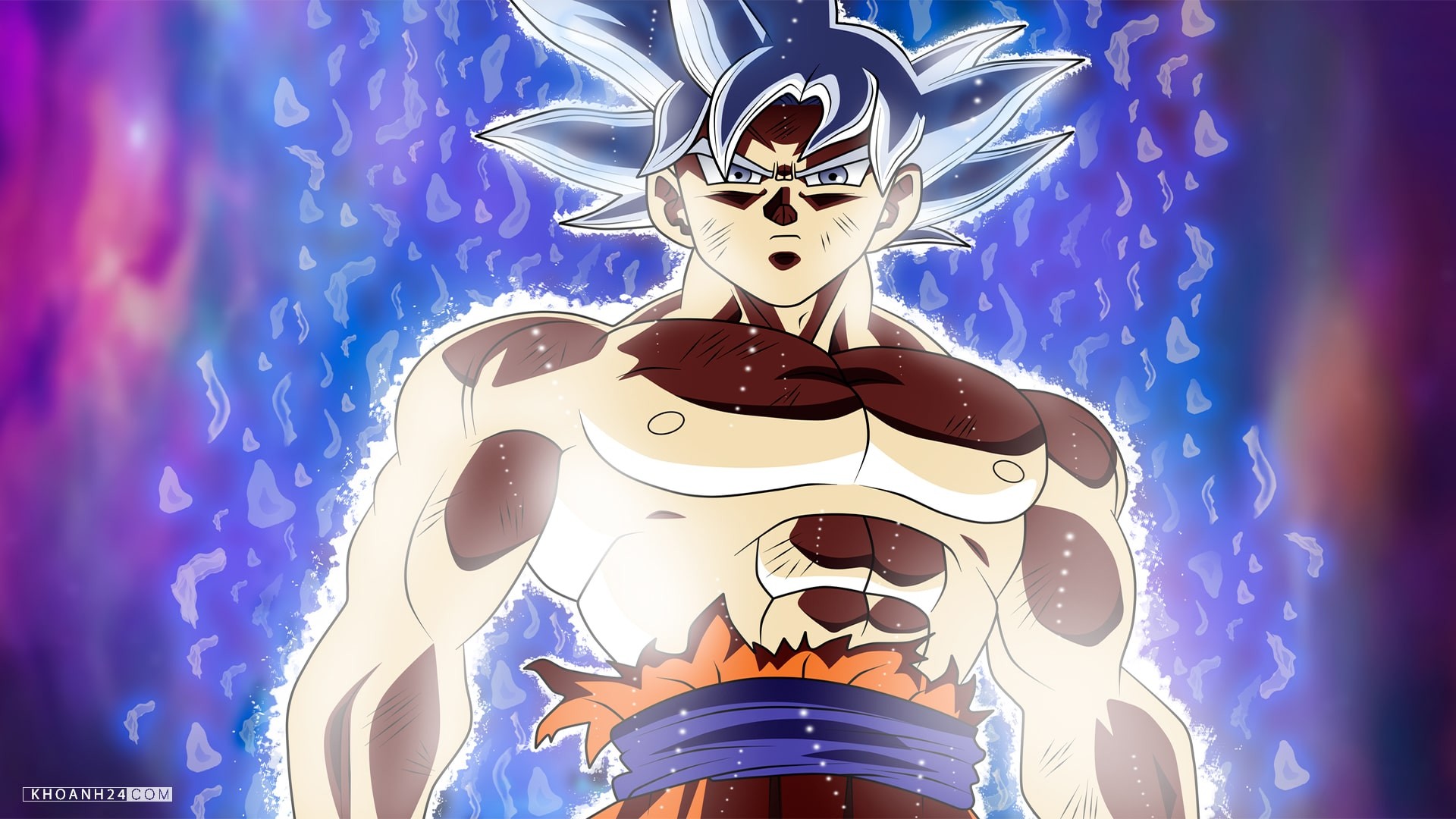 Goku thể hiện sự mạnh mẽ với cơ bắp căng tràn sức lực và ánh mắt đầy quyết tâm