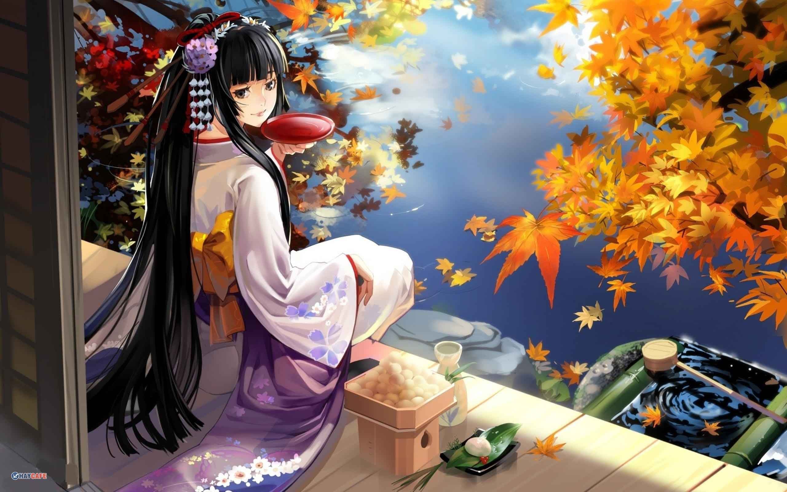 Hình ảnh anime cổ trang với trang phục truyền thống tạo nên không gian huyền thoại