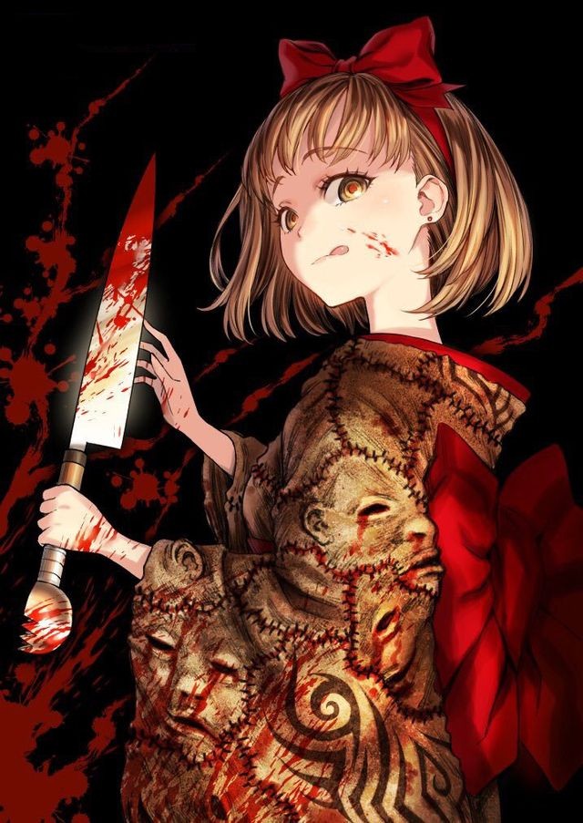 Hình ảnh anime kinh dị với đôi mắt lạnh lẽo và nụ cười đầy ám ảnh