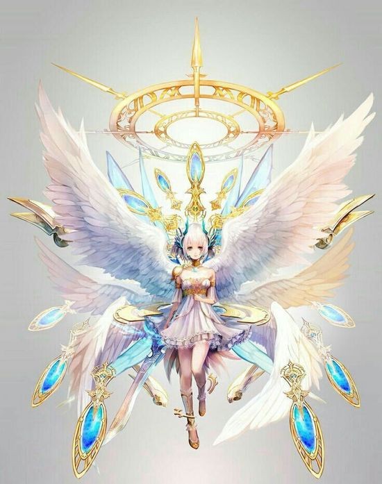 Hình ảnh thiên thần anime tỏa sáng giữa bầu trời xanh, mang đến cảm giác bình yên