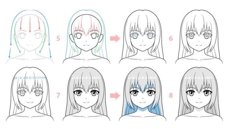 Hình ảnh tô màu anime mái tóc cho nhân vật nữ