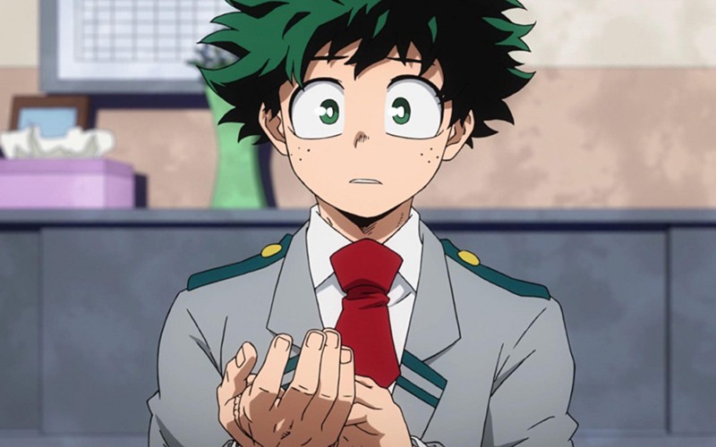 Hình Deku trông dễ thương khi cậu ngồi suy tư với gương mặt ngây ngô và ánh mắt trong trẻo