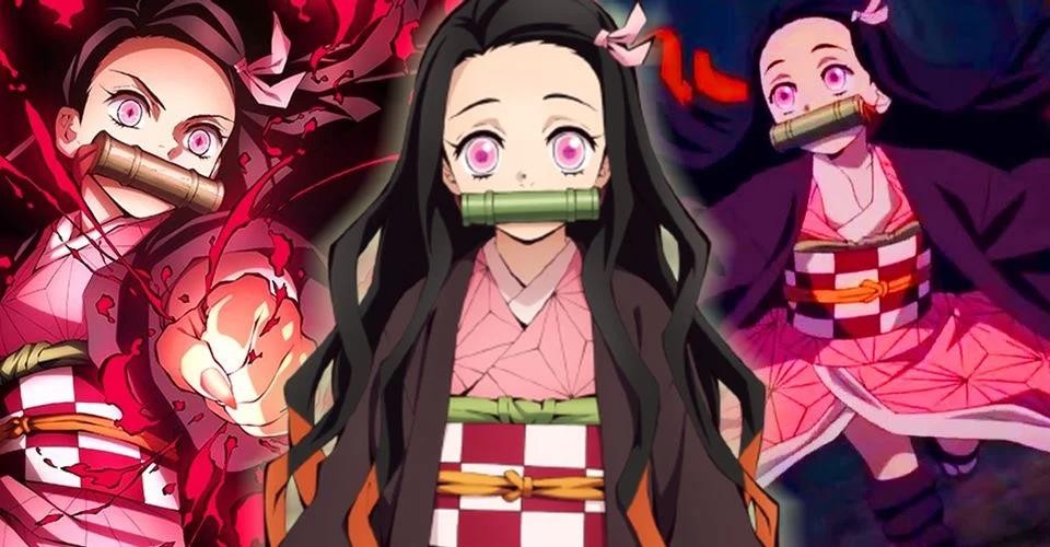 Hình Nezuko trong dáng vẻ huyền bí, ánh mắt sâu thẳm và khuôn mặt trầm tĩnh