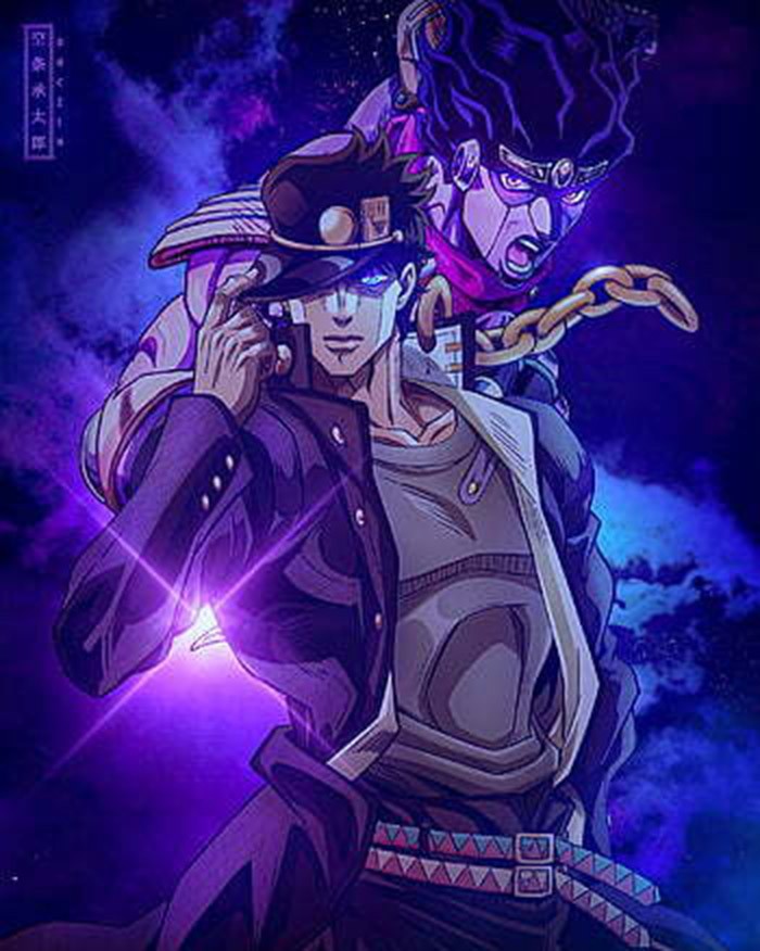 Jotaro Kujo trong bộ trang phục đặc trưng, ánh mắt sắc bén đầy quyết tâm