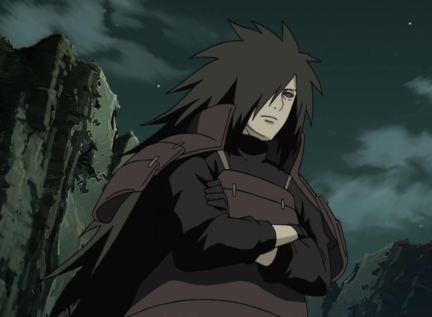 Madara Uchiha đứng lặng lẽ, đôi mắt phản chiếu sự bình thản và sức mạnh vượt trội