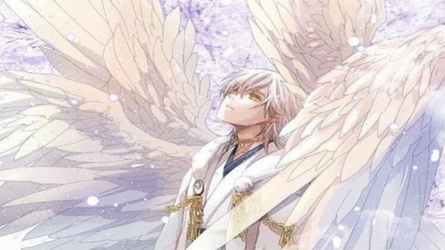 Một thiên thần anime với ánh mắt hiền từ và đôi cánh mềm mại đang lướt qua bầu trời