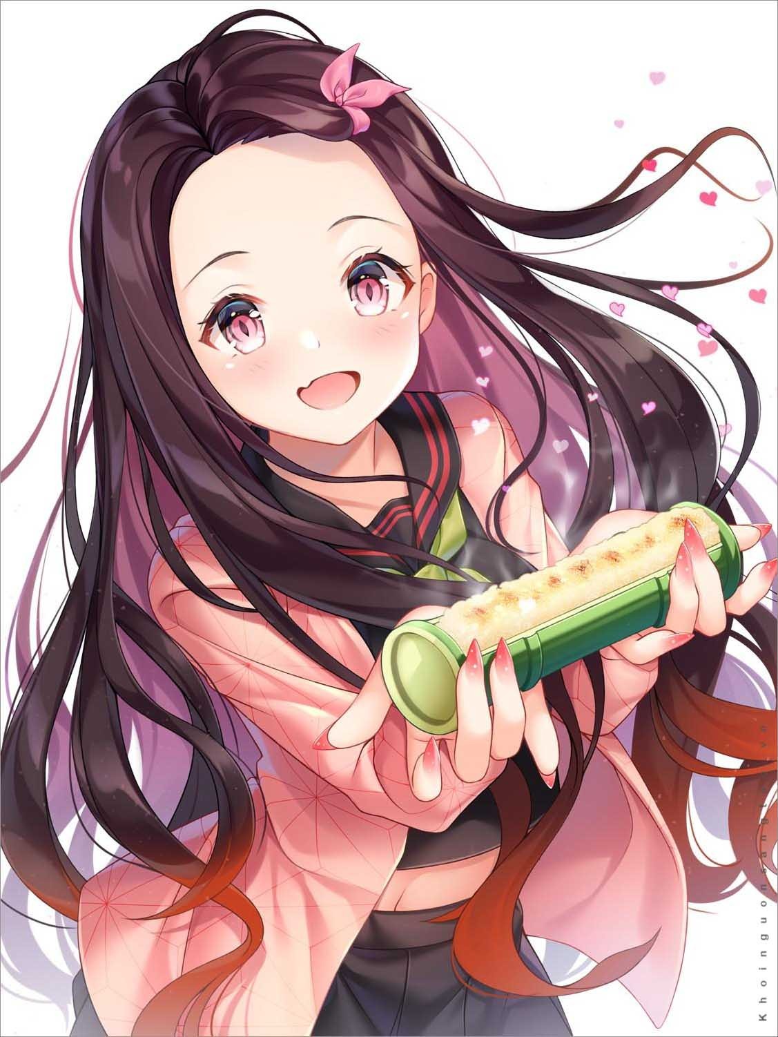 Nezuko vui mừng, nụ cười tươi sáng trên gương mặt cô tỏa ra sự hạnh phúc thuần khiết