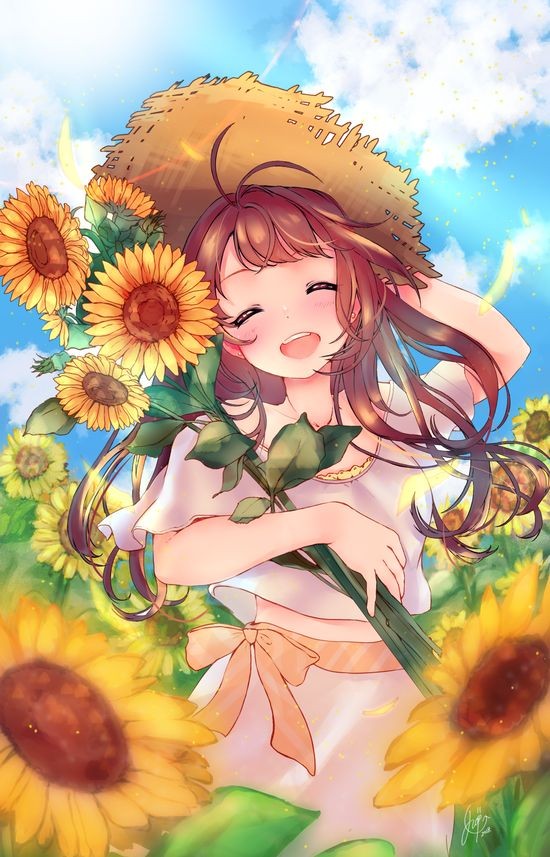 Nhân vật anime chạy giữa cánh đồng hoa hướng dương