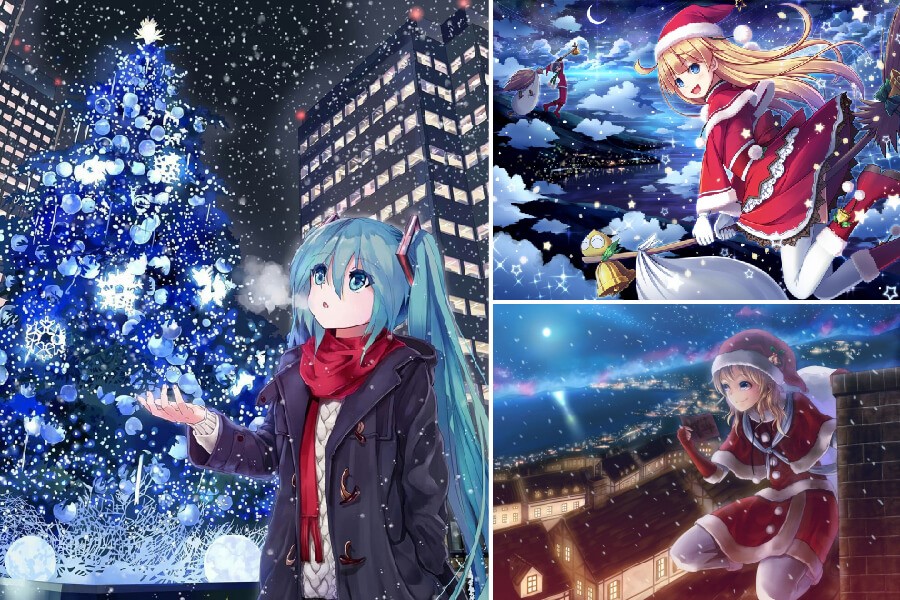 Nhân vật anime khoác áo ấm dạo chơi giữa khu phố rực rỡ ánh đèn