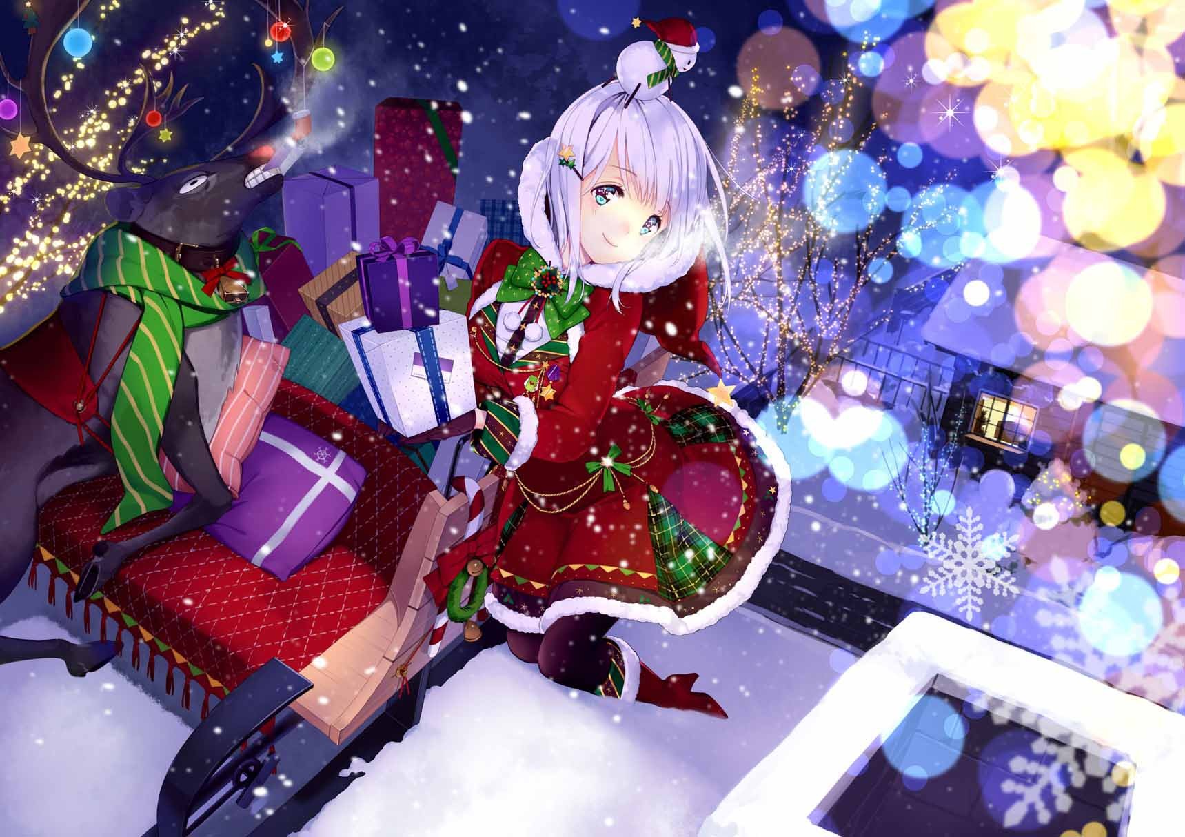 Nhân vật anime trang trí cây thông Noel trong không gian lễ hội