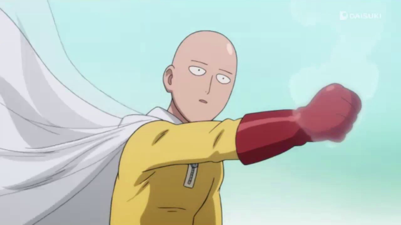 Saitama trong khoảnh khắc hài hước, thể hiện sự ngây ngô mà không mất đi sự nghiêm túc