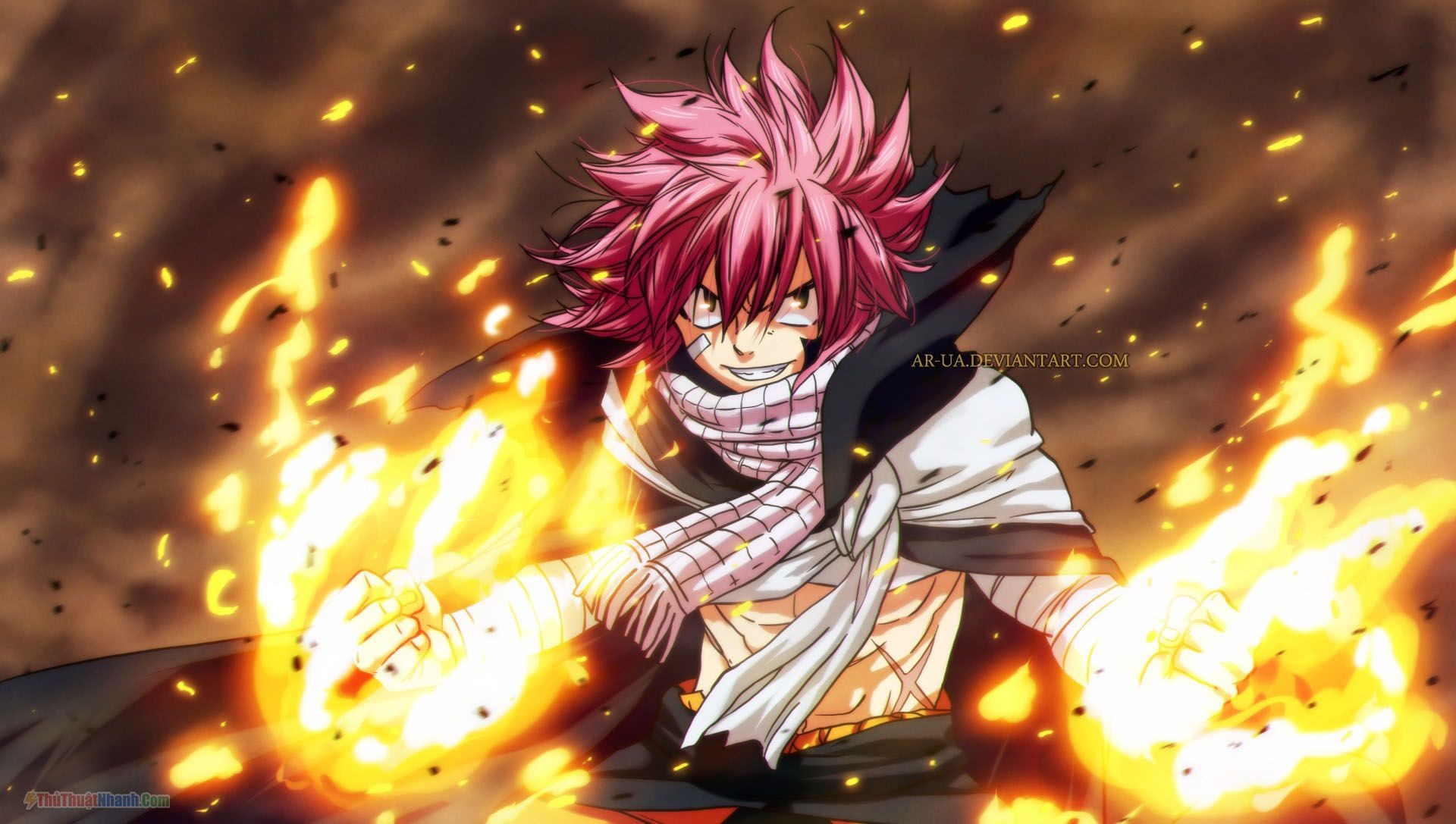 Sự mạnh mẽ của Natsu Dragneel hiện rõ qua cơ bắp và ngọn lửa bùng cháy quanh anh