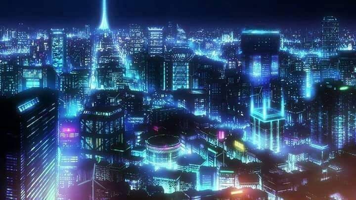 Thành phố anime sống động với những tòa nhà cao tầng
