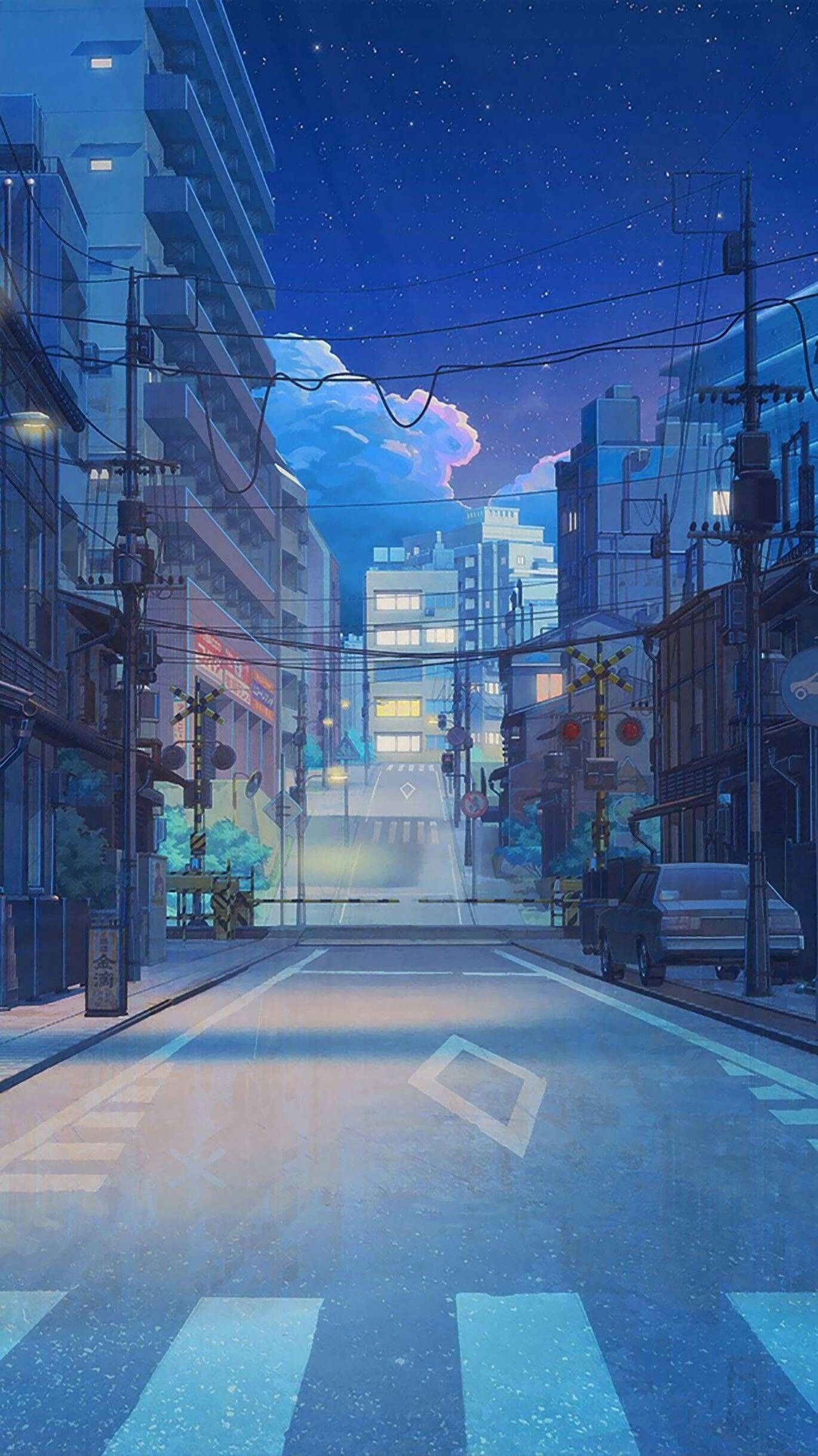 Thành phố anime vào ban đêm với ánh đèn neon lấp lánh