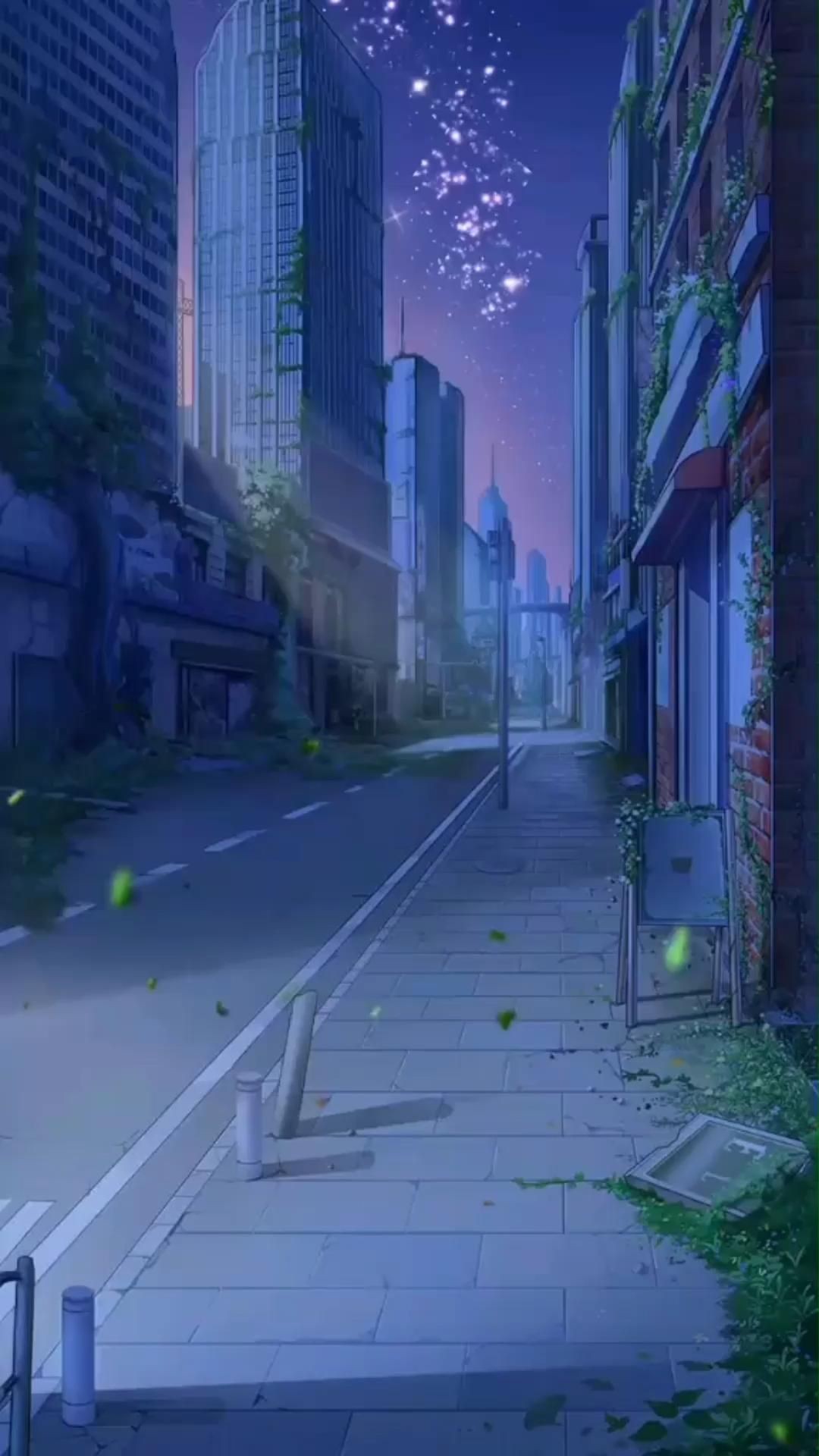 Thành phố anime về đêm với sự tĩnh lặng