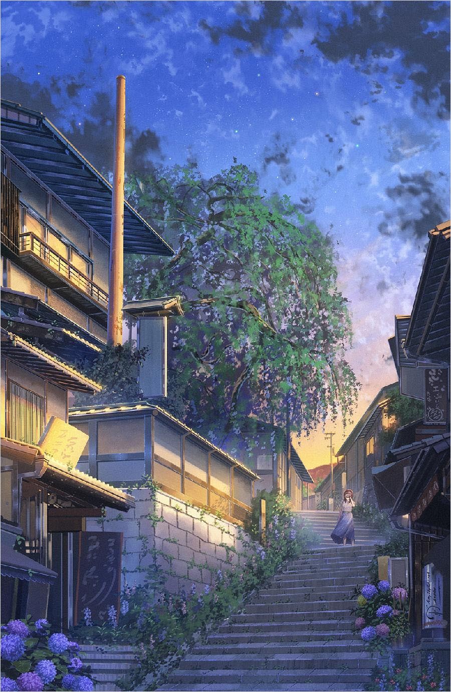 Thành phố anime với ánh đèn lung linh và kiến trúc độc đáo