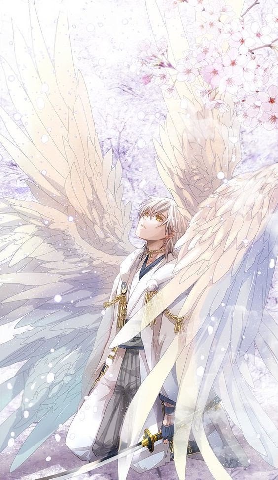 Thiên thần anime đứng giữa cánh đồng hoa, tạo nên một không gian mộng mơ và thanh khiết