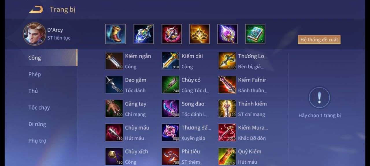 Trang bị D'arcy đi mid