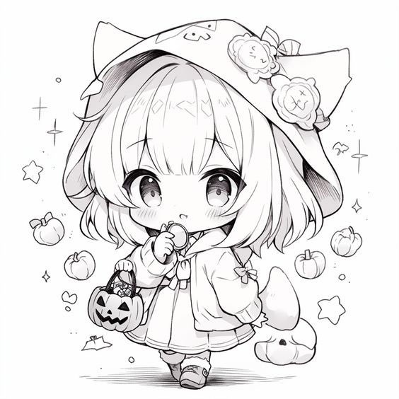 Tranh tô màu anime cute đơn giản đang đi chơi lễ hội hóa trang
