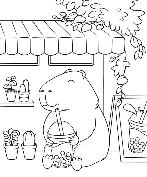 Tranh tô màu Capybara chibi cute đơn giản đang uống trà sữa