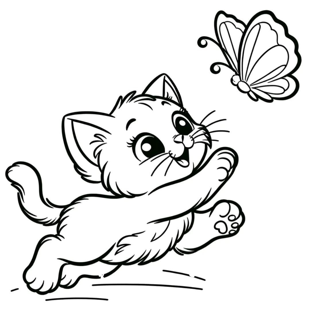 Tranh tô màu chú mèo con với con bướm