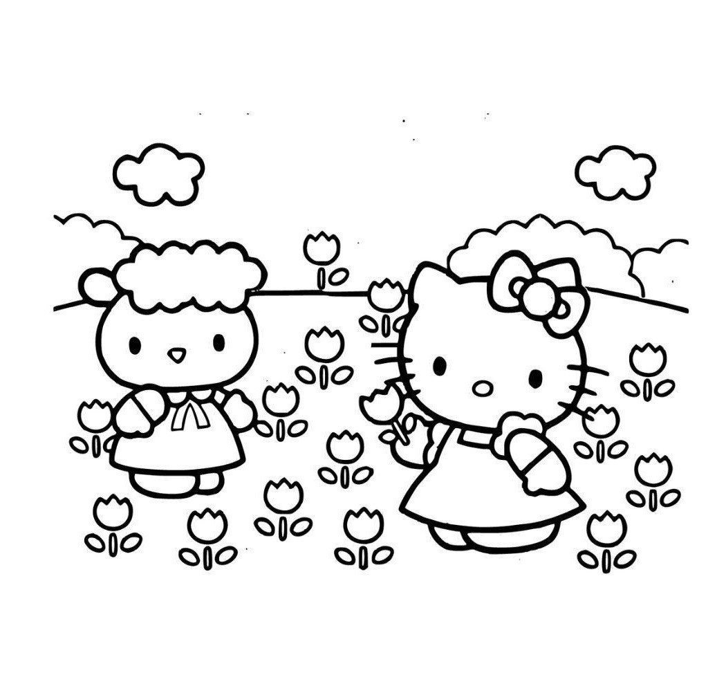Tranh tô màu con mèo Hello Kitty và bạn của mình