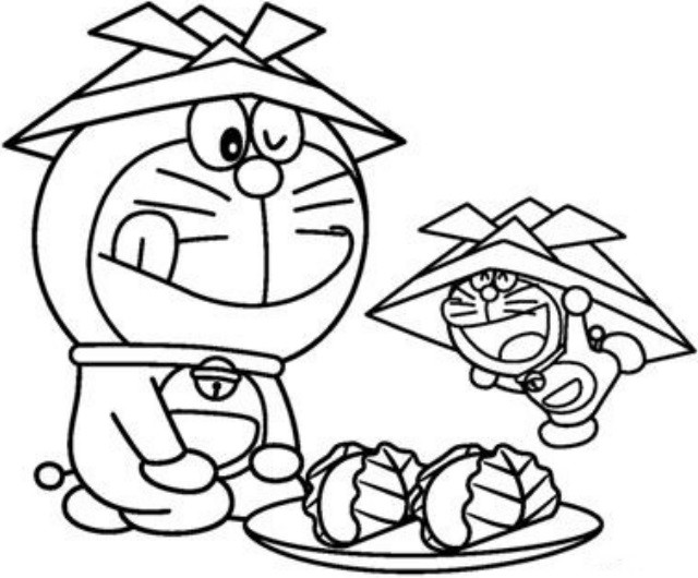 Tranh tô màu Doremon chibi ăn bánh mochi