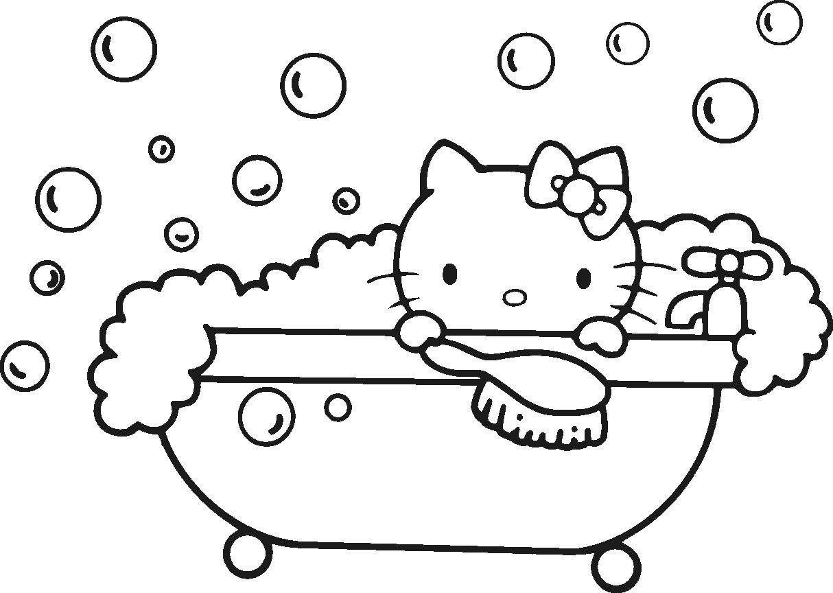 Tranh tô màu Hello Kitty đang tắm rửa