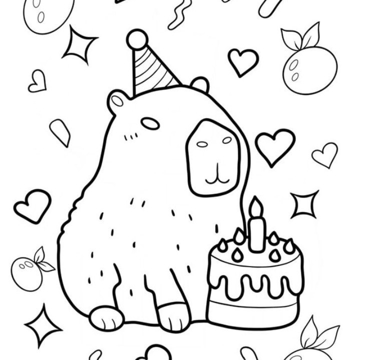 Tranh tô màu hình Capybara cute đáng yêu đang thổi nến