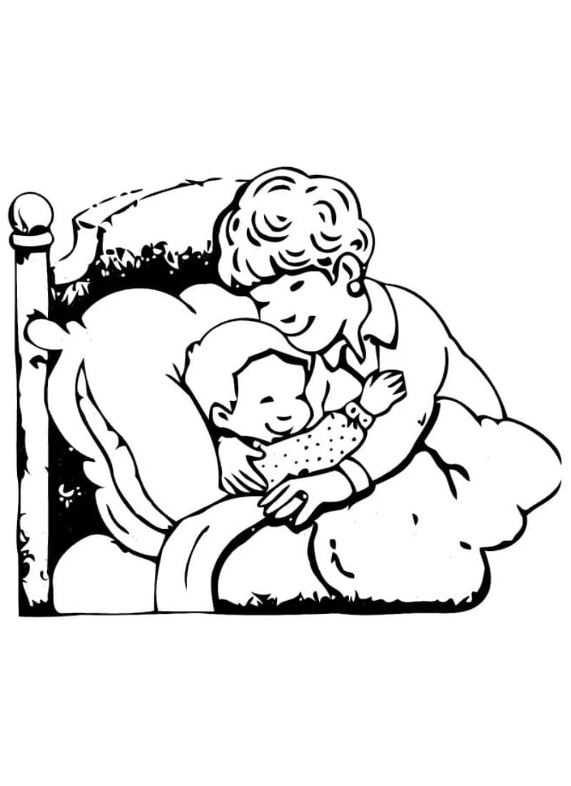 Tranh tô màu mẹ và bé gái dễ tô